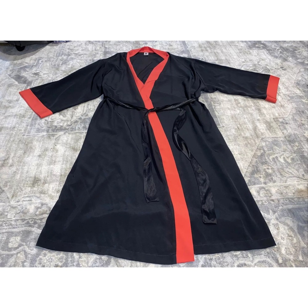 Cruz By Natori‎ Womens Belt Kimono Robe Sz 14/16 Black w Red Polyester 3/4 Slee